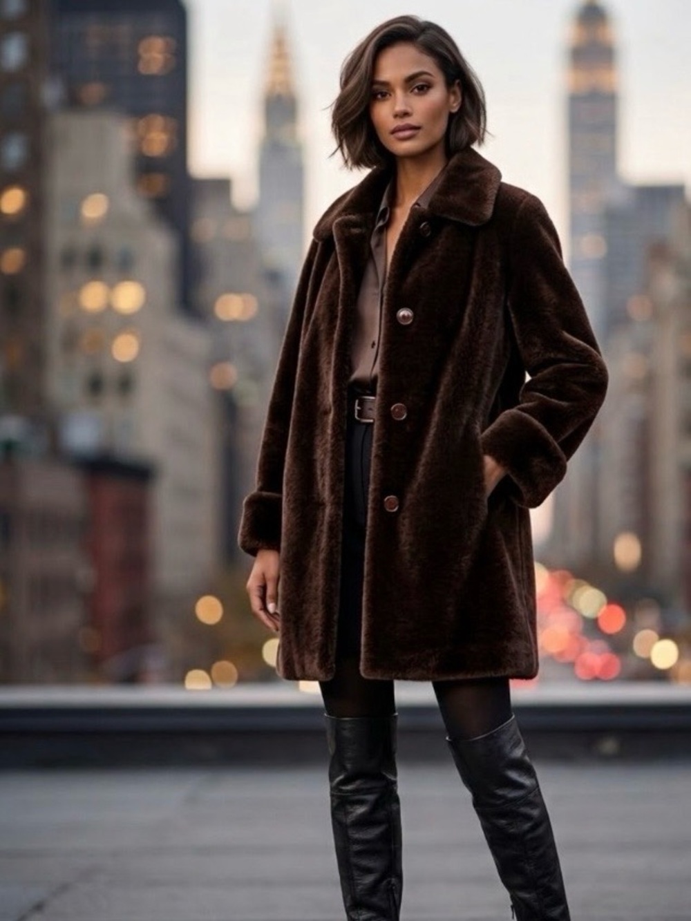 NWOT Bernardo Arctic River Knee Length Dark Brown Faux Fur Coat Size S